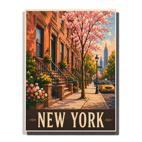 New York Manhattan street with cherry blossom trees, brownstone buildings, flower planters, yellow taxi and Empire State Building in the distance Paint by Numbers by PaintEasy