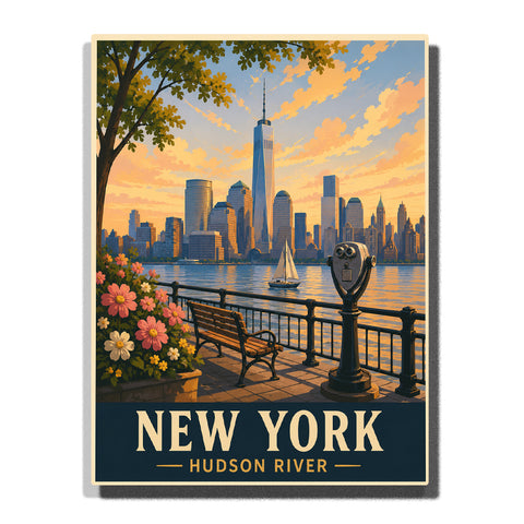 New York Hudson River waterfront with One World Trade Center skyline, sunset sky, sailboat, bench, flowers and city reflections Paint by Numbers by PaintEasy