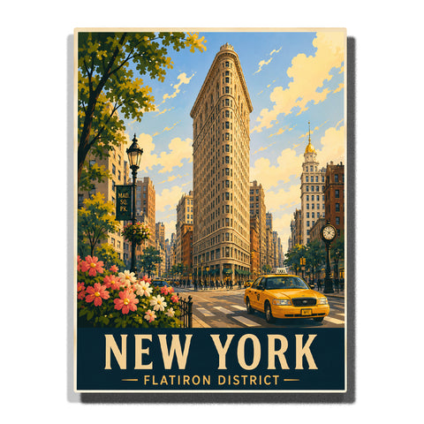 New York Flatiron District street view with Flatiron Building, yellow taxi, city buildings, flowers and urban landscape Paint by Numbers by PaintEasy