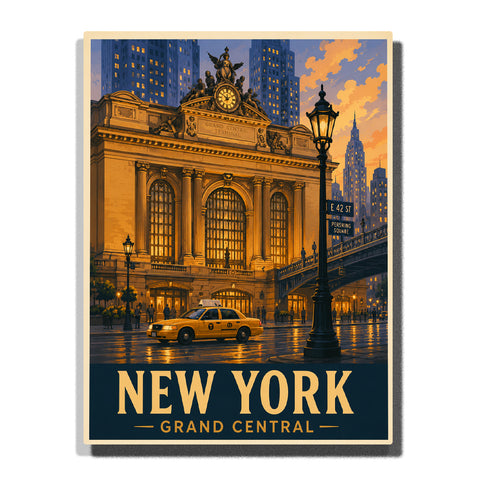 New York Grand Central Terminal street scene with yellow taxi, historic building, city lights, wet pavement reflections and Manhattan architecture Paint by Numbers by PaintEasy