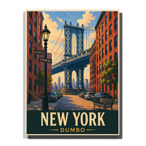 New York DUMBO street scene with Manhattan Bridge, brick buildings, cobblestone road, street lamps and Brooklyn city architecture Paint by Numbers by PaintEasy
