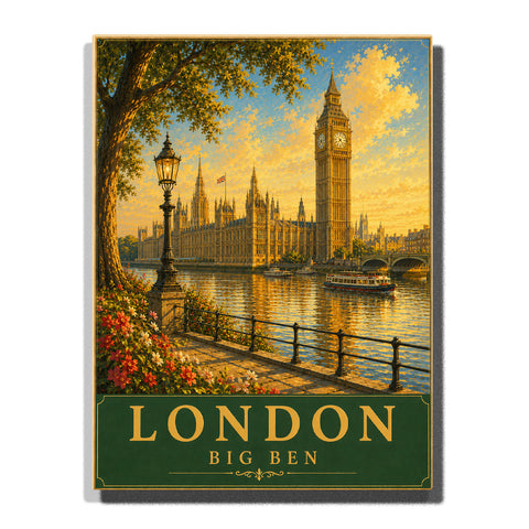 London Big Ben and Westminster Palace beside Thames River with boats, flowers, street lamp and historic city waterfront landscape Paint by Numbers by PaintEasy