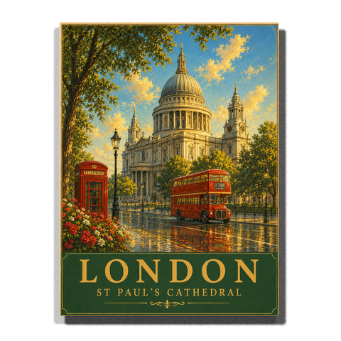 London St Paul’s Cathedral with red double decker bus, red telephone box, street lamps, flowers, trees and historic city landscape Paint by Numbers by PaintEasy