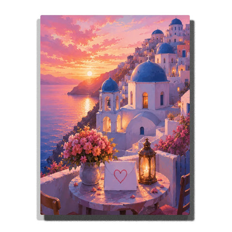Santorini Sunset Paint by Numbers For Adults featuring blue-domed churches, white cliffside buildings, pink flowers, glowing lantern, heart note and Aegean Sea