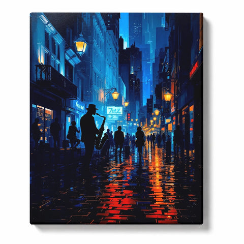 Blue Jazz Street with Saxophonist and Rainy Neon Reflections Paint by Numbers Kit for Adults