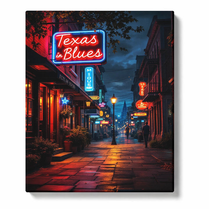 Texas Blues Neon Street with Warm Rainy Sidewalk Glow Paint by Numbers Kit for Adults