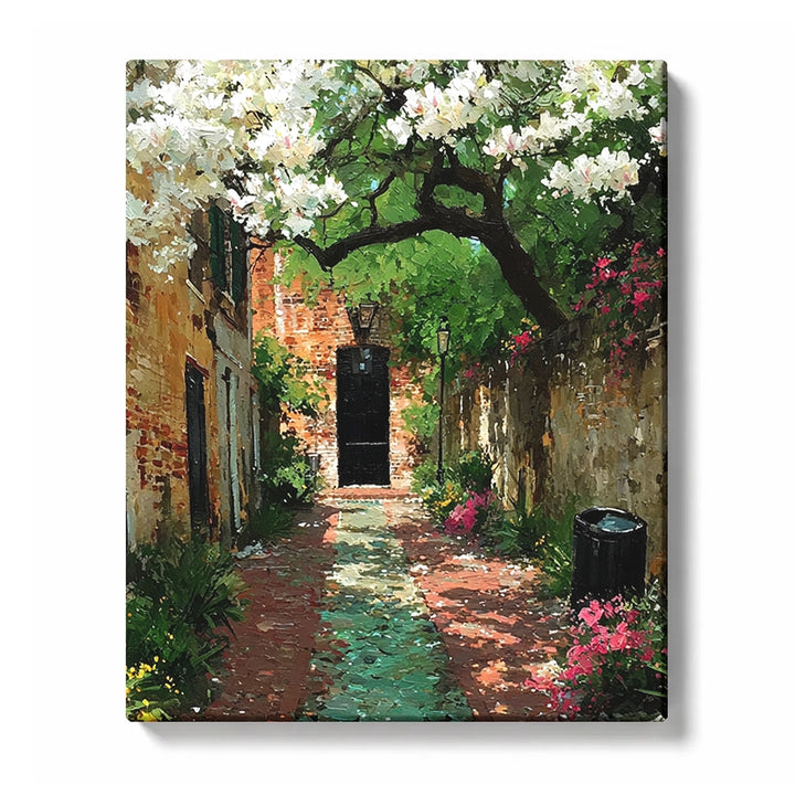 White Blossom Tree Over Hidden Brick Alley Paint by Numbers Kit For Adults