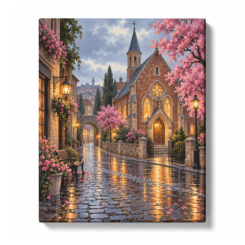 Rainy Historic Brick Chapel with Glowing Windows Paint by Numbers Kit For Adults