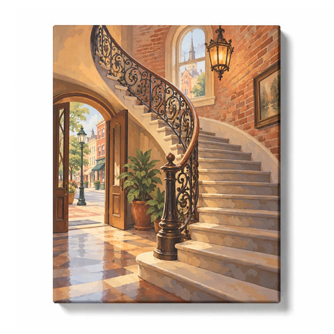Antique Curved Staircase with Wrought Iron Railing Paint by Numbers Kit For Adults