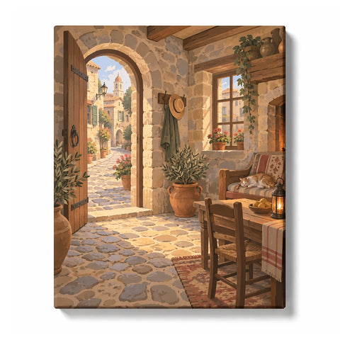Cozy Rustic Stone House Interior with Arched Door and Warm Lighting Paint by Numbers Kit For…