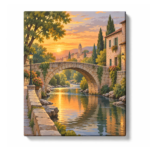Golden Sunset Stone Bridge over Stream with Old Building Paint by Numbers Kit For Adults