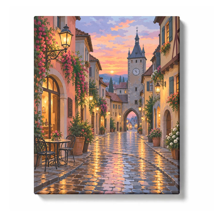 Glowing Red Brick House on Cobblestone Street Paint by Numbers Kit For Adults