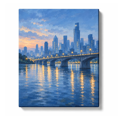 Arched City Bridge beneath a Cloud-Bright Blue Morning Paint by Numbers Kit for Adults