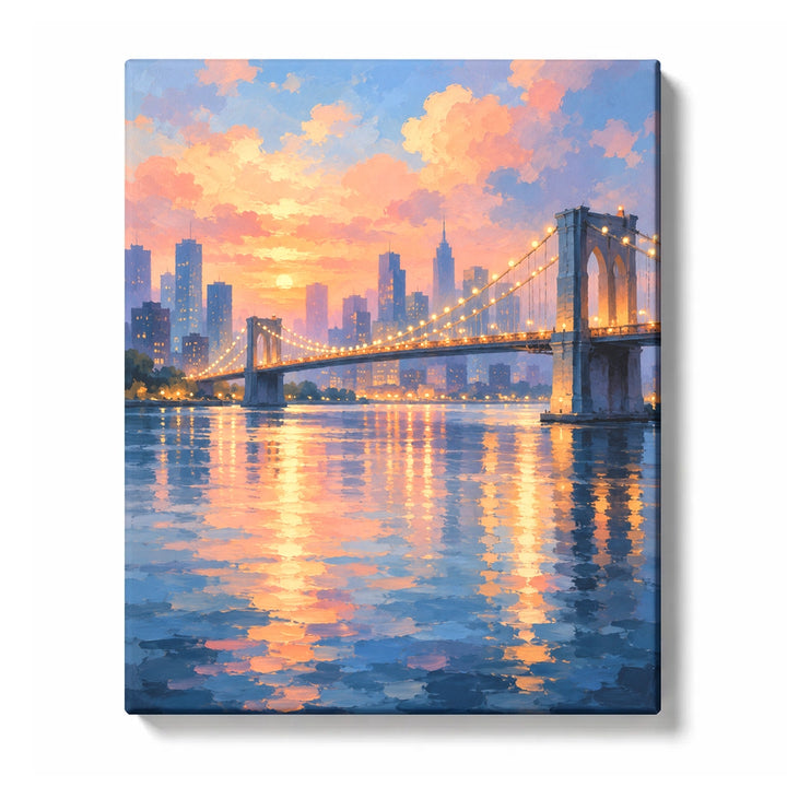 Blue City Skyline beyond a Long River Bridge Paint by Numbers Kit for Adults