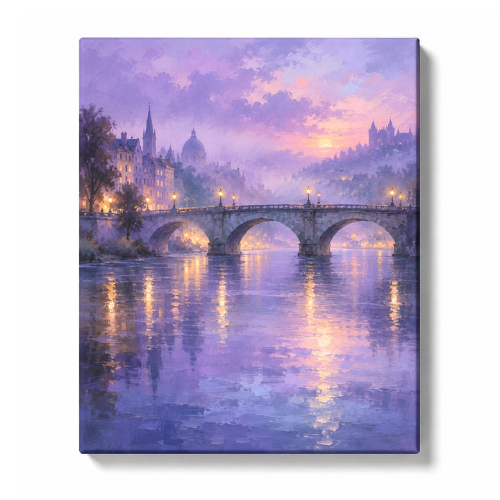 Misty River Bridge in a Lavender Evening Glow Paint by Numbers Kit for Adults