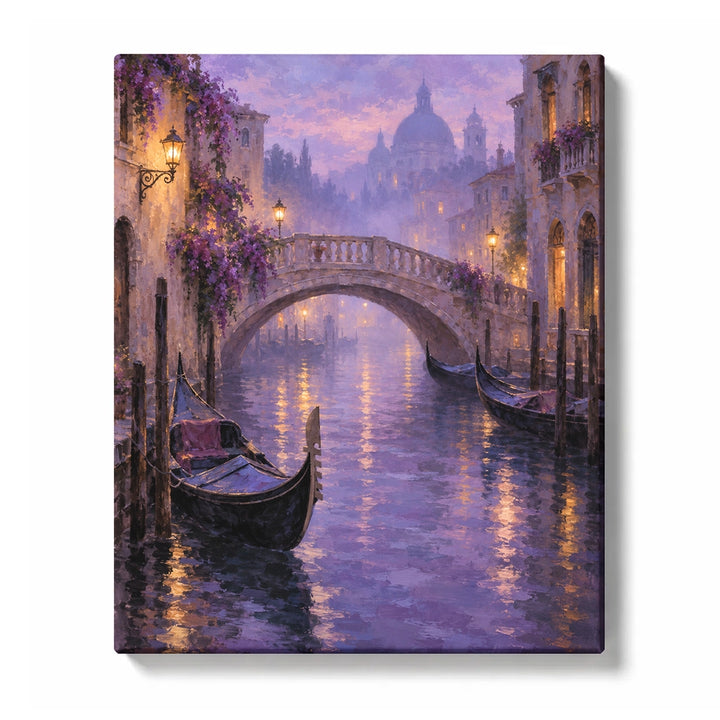 Violet Canal Bridge with Gondolas in Evening Mist Paint by Numbers Kit for Adults
