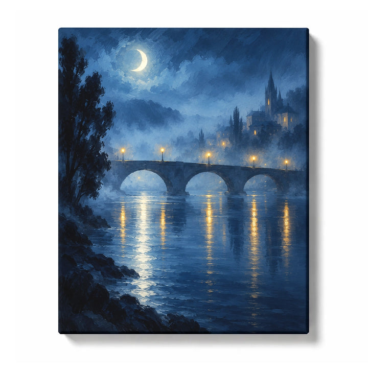 Moonlit Bridge in Blue Fog with Water Reflections Paint by Numbers Kit For Adults