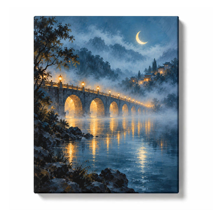 Crescent Moon Bridge with Golden Lights and Blue Fog Paint by Numbers Kit For Adults