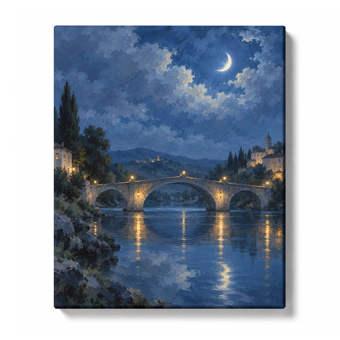 Crescent Moon Bridge beneath a Clouded Blue Night Sky Paint by Numbers Kit for Adults