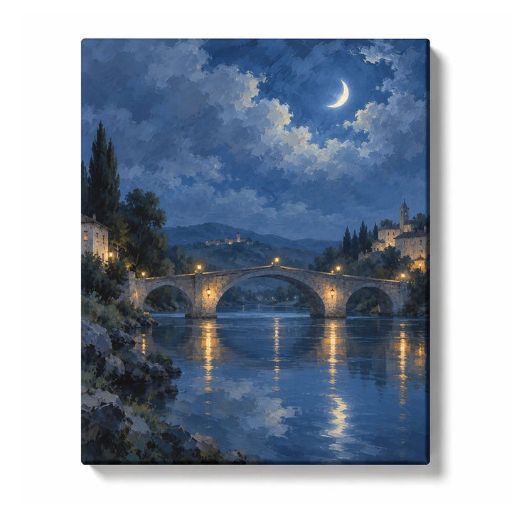 Crescent Moon Bridge beneath a Clouded Blue Night Sky Paint by Numbers Kit for Adults