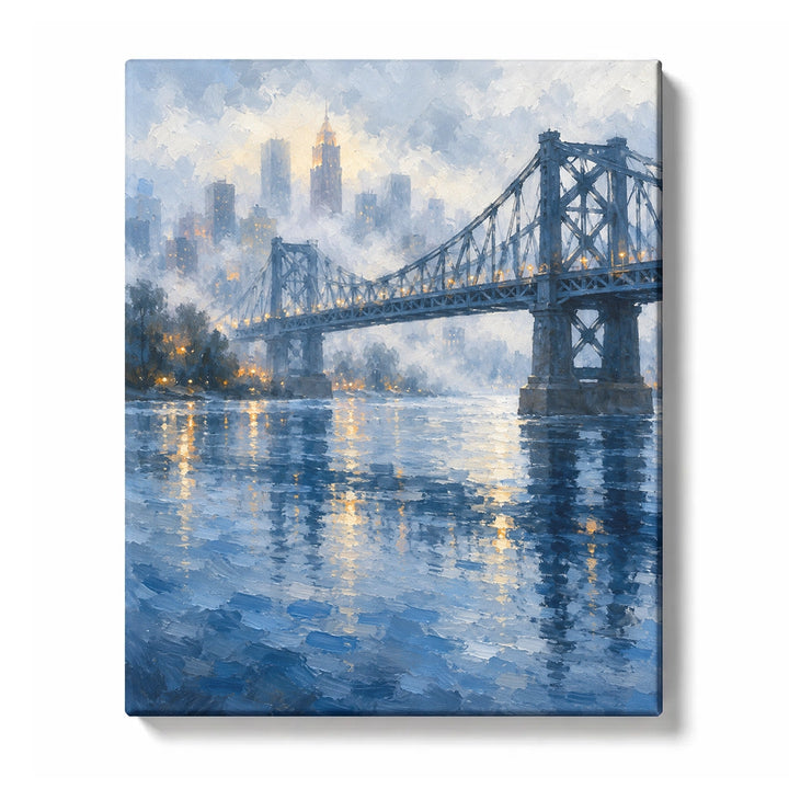 Suspension Bridge Glow across a Peach-Blue City River Paint by Numbers Kit for Adults