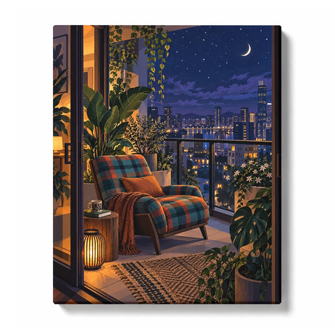 Plaid Lounge Chair above a Starry City