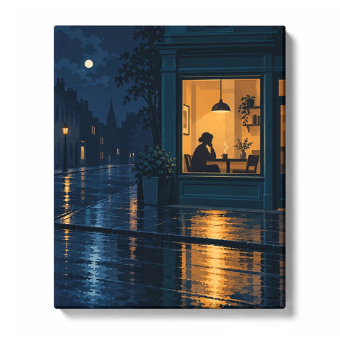 Rainy Sidewalk Café with String Lights