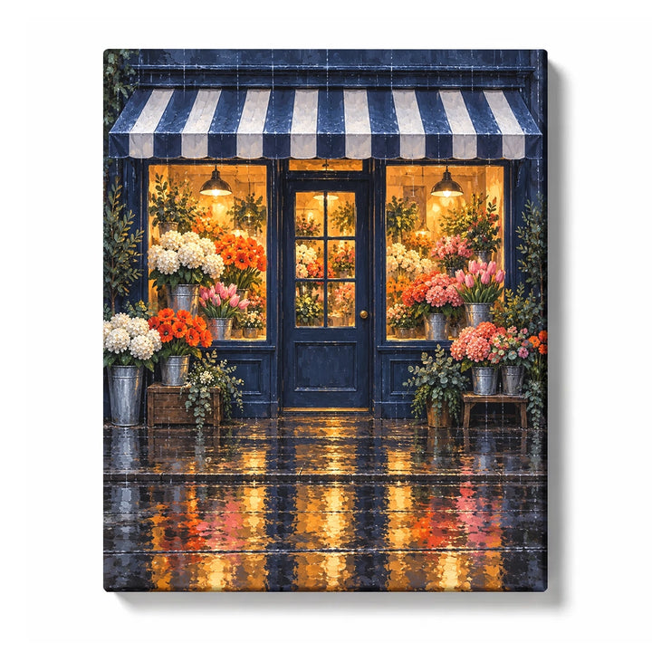 Flower-Lined Cobblestone Lane with Teal Shuttered Doors paint by numbers design