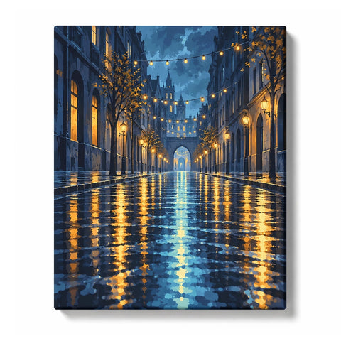 Rainy City Street and String Light Reflections