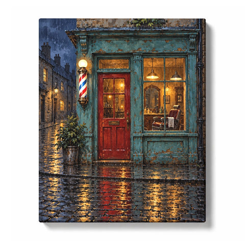 Vintage Barber Pole at a Rainy Blue Shopfront