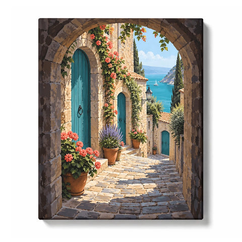 Flower-Lined Cobblestone Alley with Teal Doors paint by numbers design