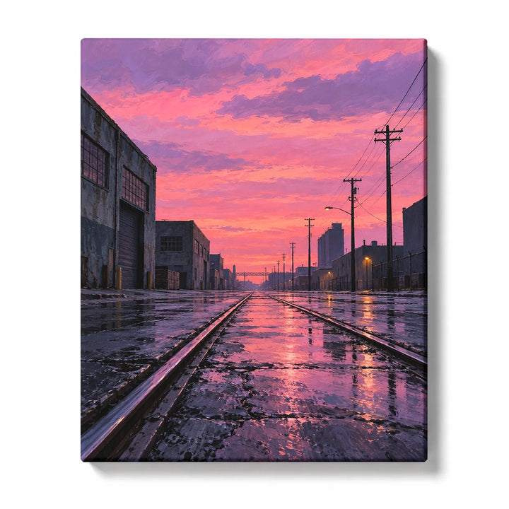 Rain-Slick Railway Street beneath a Pink Dusk Sky paint by numbers design