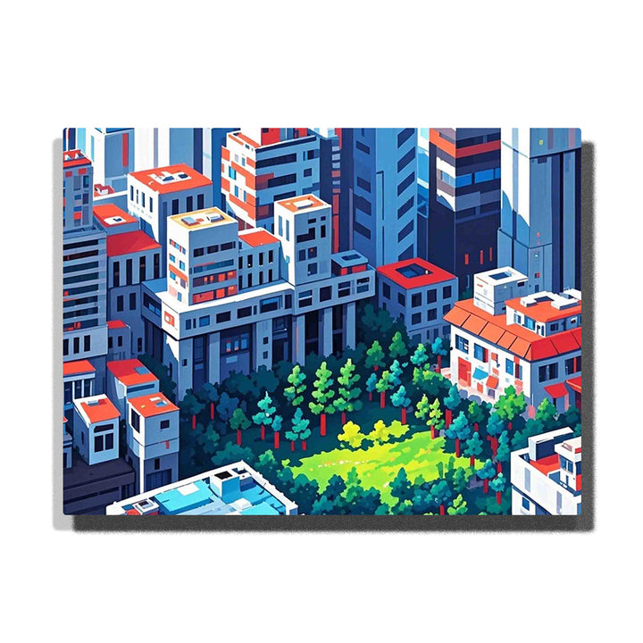 paint by numbers artwork depicting modern city blocks with central green park, sunlit trees and geometric buildings, urban wall decor for adults by PaintEasy