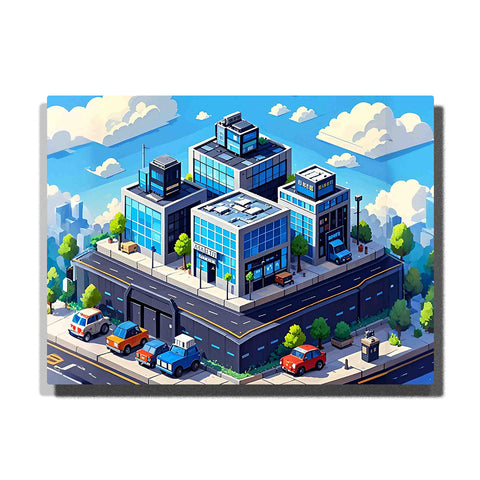 paint by numbers artwork depicting modern city block building with streets, cars and trees in bold colors, urban decor for adults wall art by PaintEasy