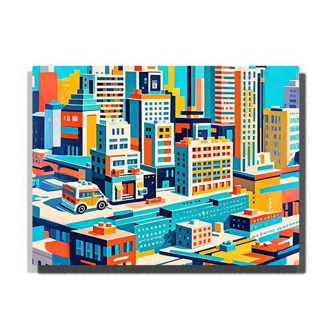 Paint by numbers kit featuring colorful geometric city buildings with modern streets and bold color blocks