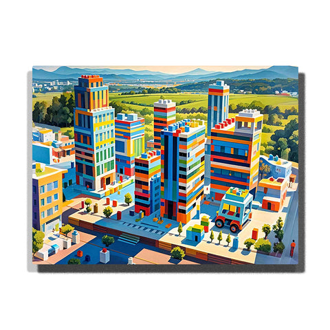 paint by numbers artwork depicting colorful modern city buildings with geometric shapes and bold colors, urban decor for adults wall art by PaintEasy