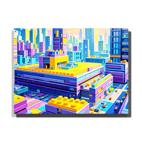 paint by numbers artwork depicting colorful geometric urban city blocks with bold colors and layered buildings, modern decor for adults wall art by PaintEasy