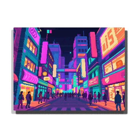 paint by numbers artwork depicting neon city street at night with colorful signs, urban modern art for adults wall decor inspiration by PaintEasy