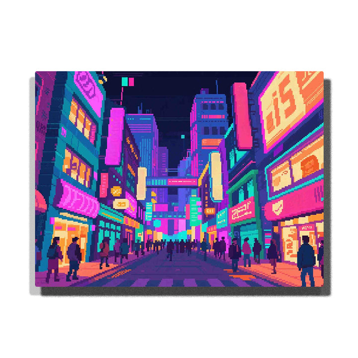 paint by numbers artwork depicting neon city street at night with colorful signs, urban modern art for adults wall decor inspiration by PaintEasy