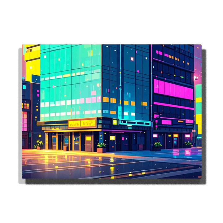 paint by numbers artwork depicting neon city corner building with rainy street reflections, colorful lights and modern architecture, urban wall decor for adults by PaintEasy