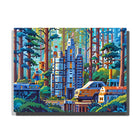 paint by numbers artwork depicting modern buildings in a forest with camper, person and sunlit trees, nature meets city landscape wall decor for adults by PaintEasy
