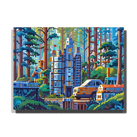 paint by numbers artwork depicting modern buildings in a forest with camper, person and sunlit trees, nature meets city landscape wall decor for adults by PaintEasy