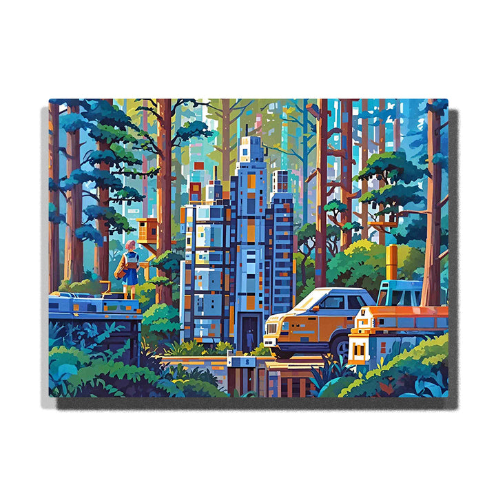 paint by numbers artwork depicting modern buildings in a forest with camper, person and sunlit trees, nature meets city landscape wall decor for adults by PaintEasy