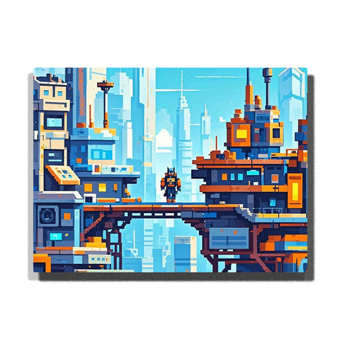 paint by numbers artwork depicting futuristic pixel city with elevated bridge, lone figure and glowing geometric buildings, sci fi wall decor for adults by PaintEasy