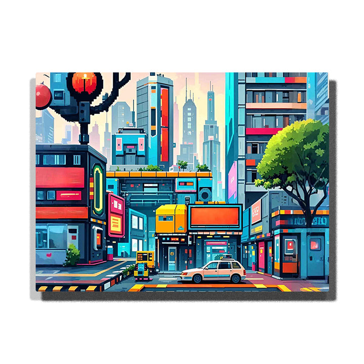 paint by numbers artwork depicting modern neon city street with geometric buildings, traffic light, car and colorful signage, urban wall decor for adults by PaintEasy