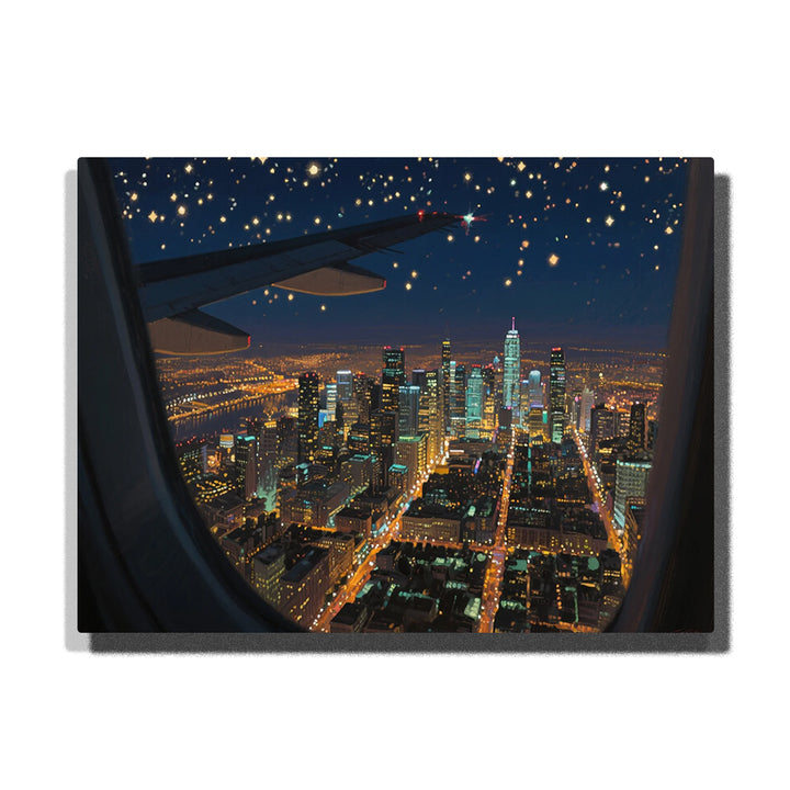 paint by numbers artwork depicting night city skyline seen through airplane window with glowing streets and skyscraper lights, wall decor for adults by PaintEasy