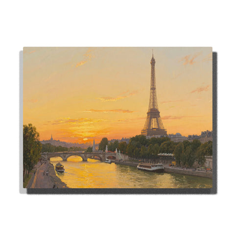 Paint by numbers kit featuring Eiffel Tower at sunset over Seine River with golden light reflections and Paris skyline