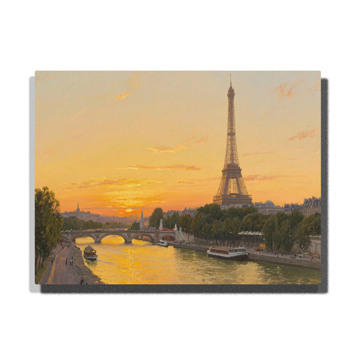Paint by numbers kit featuring Eiffel Tower at sunset over Seine River with golden light reflections and Paris skyline