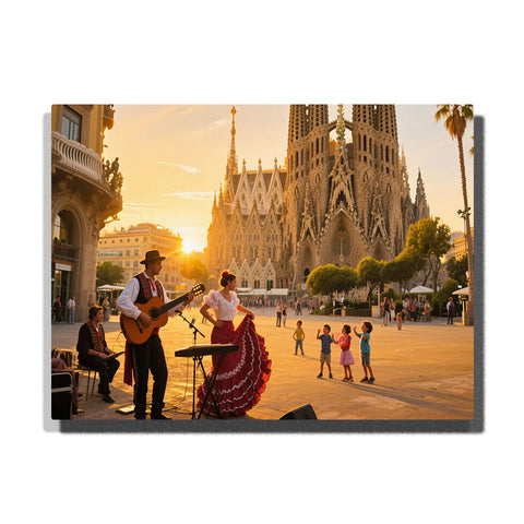 Paint by numbers kit featuring flamenco dancer and guitarist performing in a sunset plaza with cathedral architecture