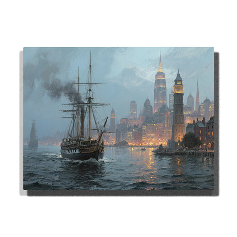 Paint by numbers kit featuring a sailing ship in a foggy harbor with reflections of city lights